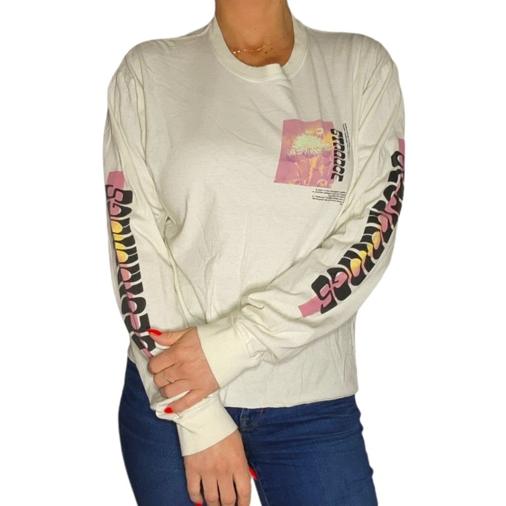 PacSun Long Sleeve Cotton Shirt Large Of White STRANGE Printed Sleeves and Back - Picture 1 of 4